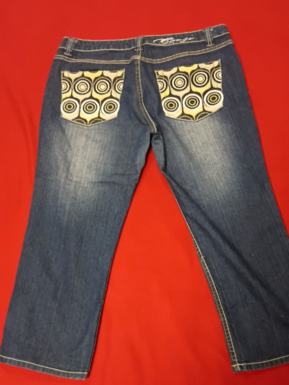 A291 COOGI Blue Bootcut Capri  Jeans with Geometric Back Pockets
